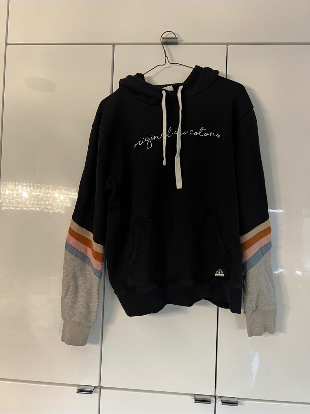 Au Coton Black Crewneck Hoodie with Multicolor Stripe Sleeves